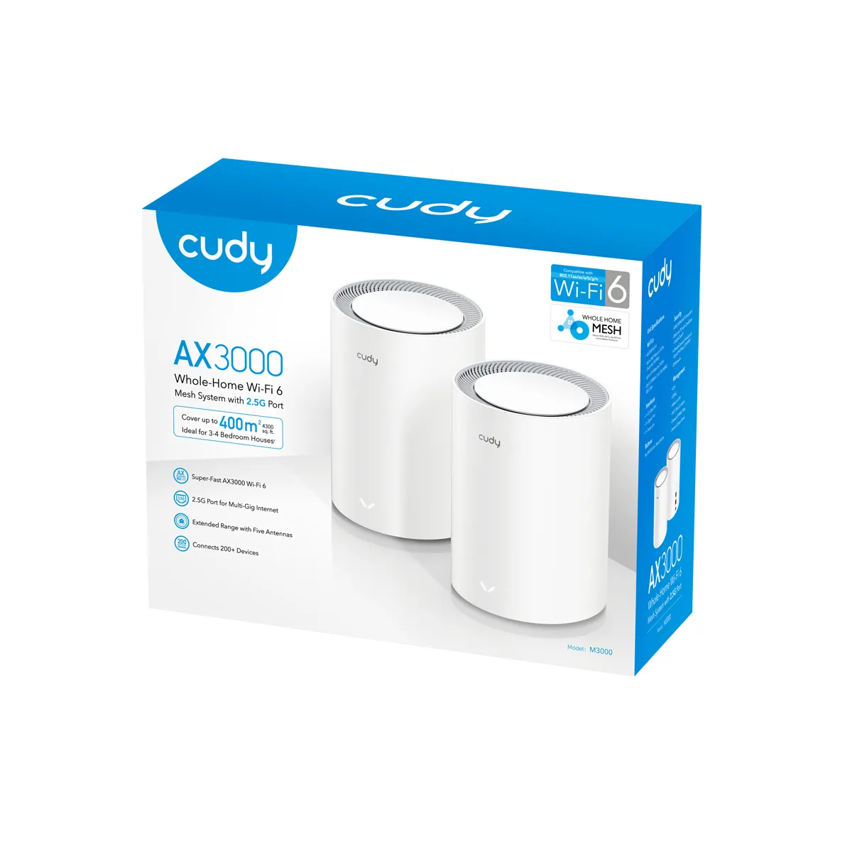 Cudy M3000 -mesh WiFi -j&auml;rjestelm&auml;, Wi-Fi 6, AX3000, Dual-band, 2 kpl, 2,5G WAN -portilla, harmaa/valkoinen