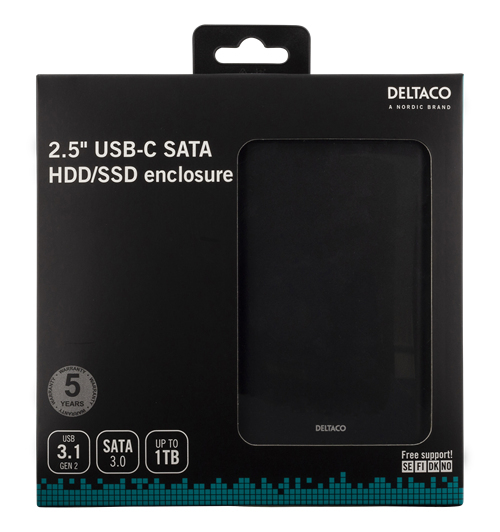 DELTACO Externt 2,5" HDD/SDD-kabinett, USB-C, USB 3.0, aluminium, SATA