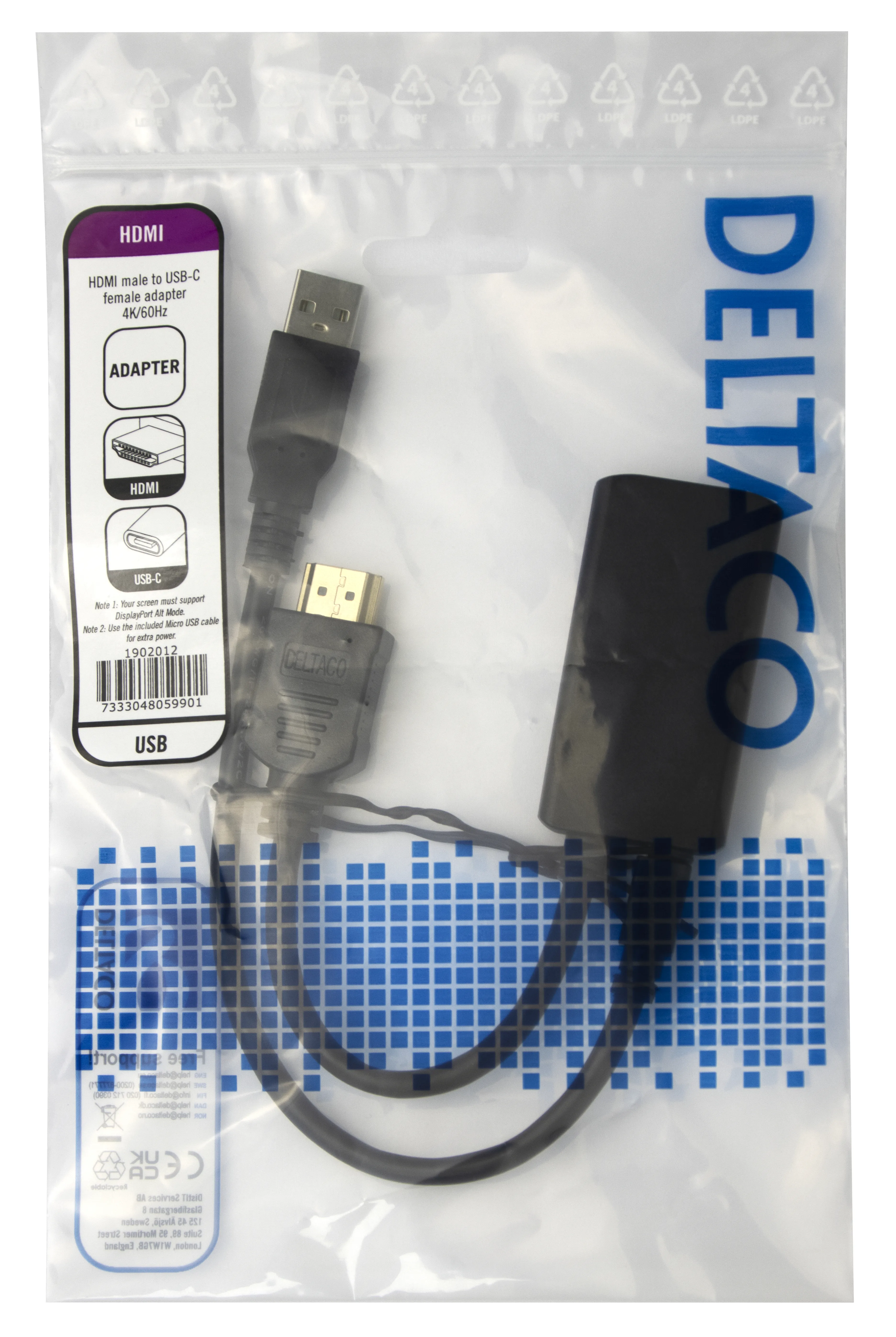 Deltaco HDMI - USB-C/ DisplayPort, 4K/60Hz - adapter, Black, 0.2m