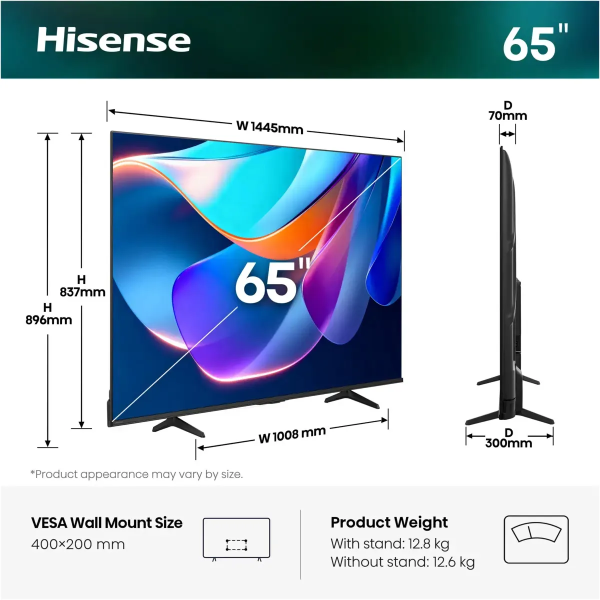 Hisense 65A6S 65" 4K DLED VIDAA TV, 60Hz, HDR10, HDR10+, HLG, Dolby Vision