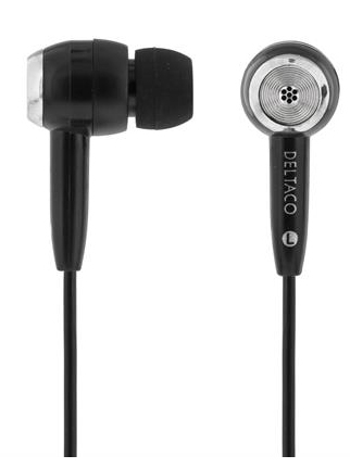 DELTACO nappikuulokkeet,3,5mm,3 kokoa, kaapeli 1,2m, musta/hopea