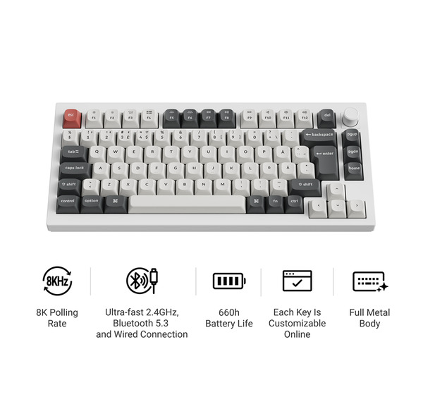 Keychron Q1 Ultra 75% -langaton mekaaninen pelin&auml;pp&auml;imist&ouml;, Keychron Silk POM, valkoinen