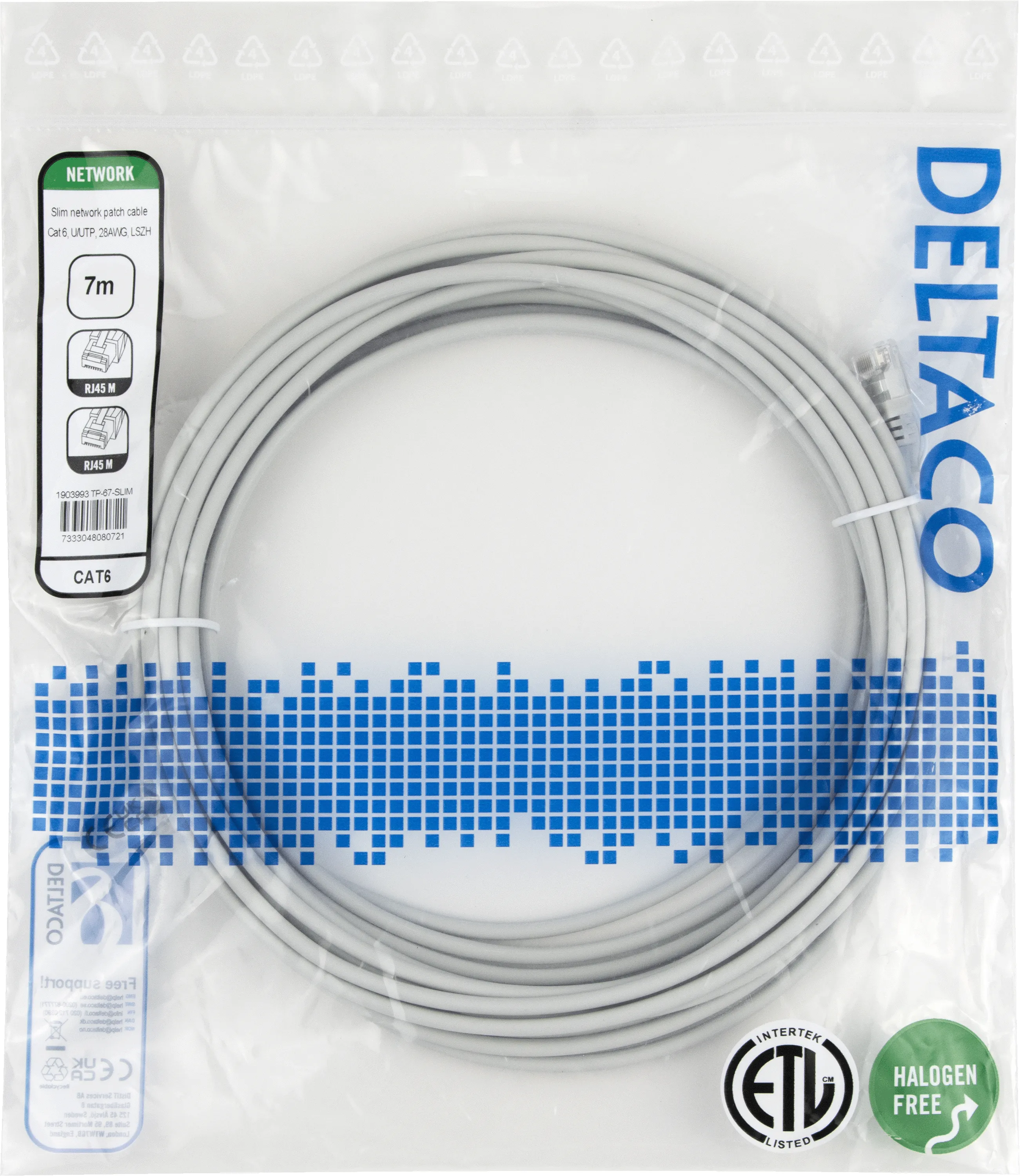 Deltaco Cat6 UTP RJ45 7m -verkkokaapeli, harmaa