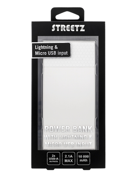 STREETZ Power bank, litiumionipolym.,10000mAh,2 USB-A-ulostuloa, valk.