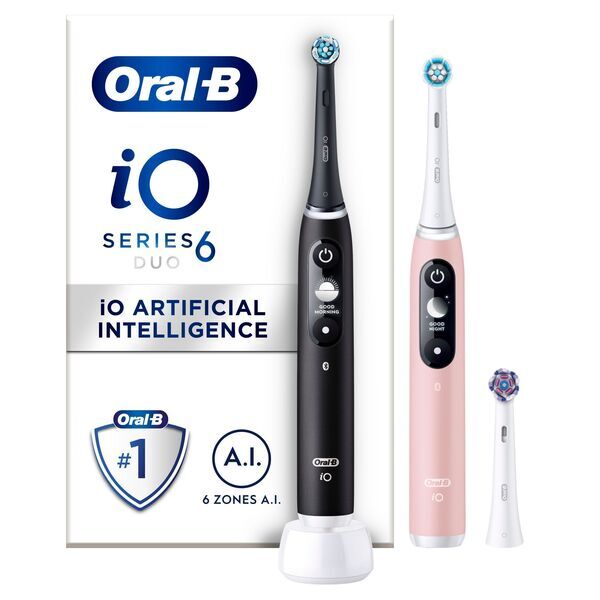Oral-B iO6 Duo Pack Electric Toothbrush, 2 Handles, Black Lava &amp; Pink Sand