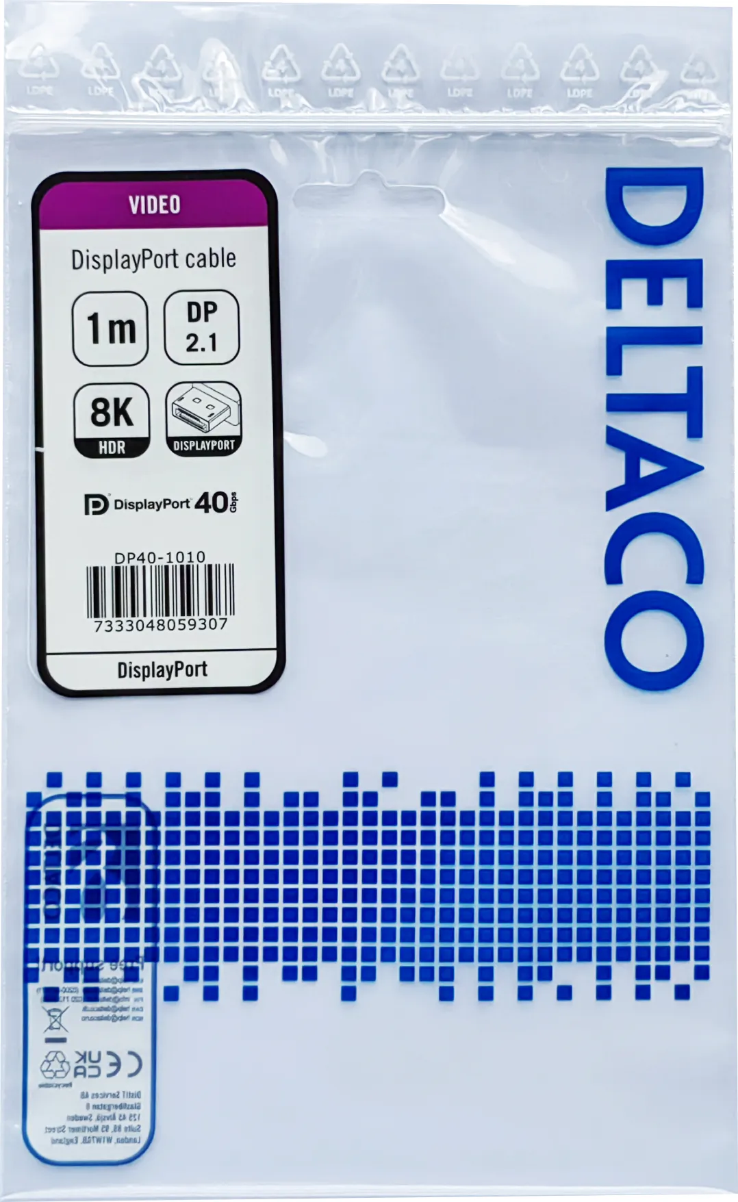 Deltaco  DisplayPort – DisplayPort 2,1 -kaapeli, 1 m, Musta