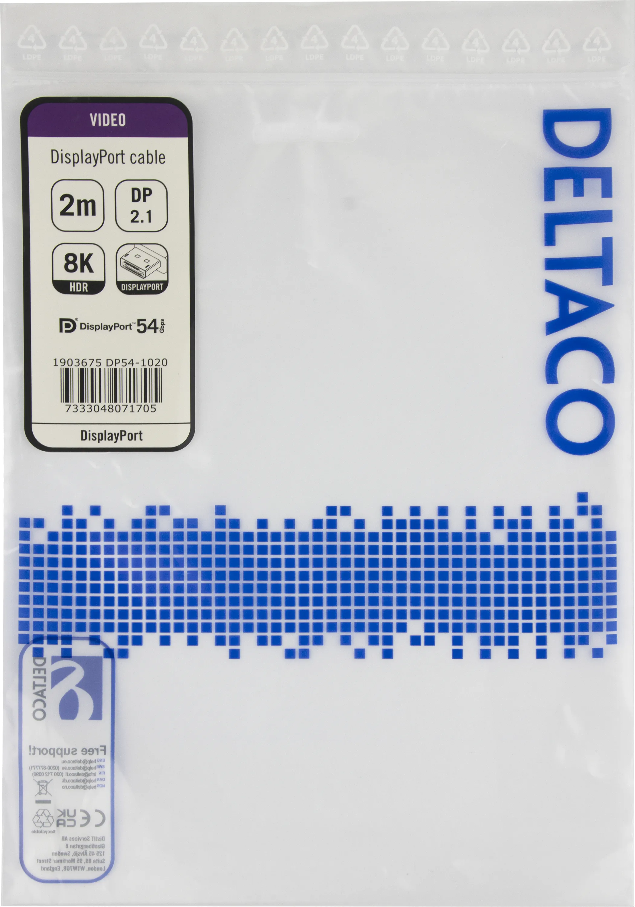 Deltaco DisplayPort 2.1a -kaapeli, jossa 8K, 2 m, musta