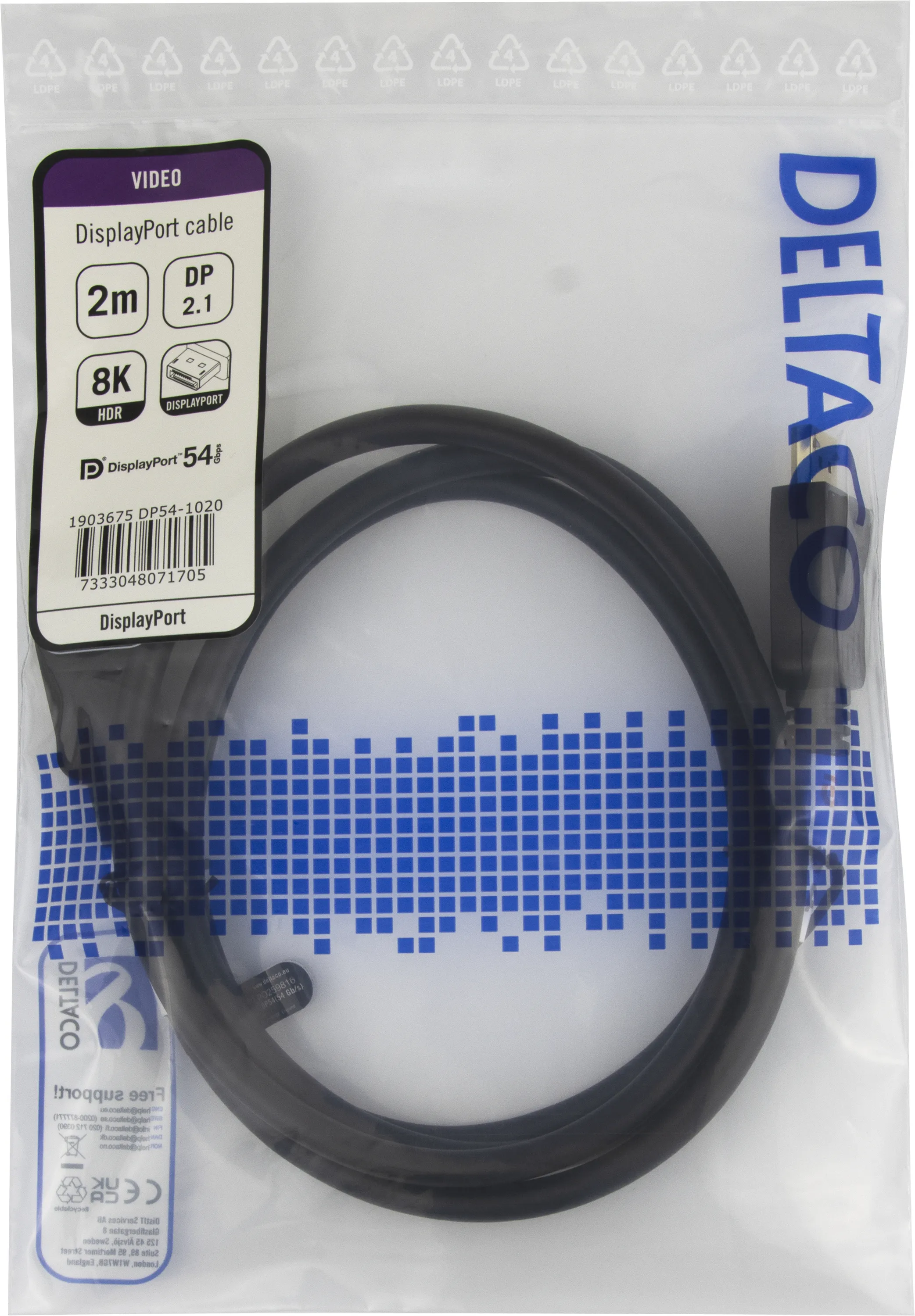 Deltaco DisplayPort 2.1a -kaapeli, jossa 8K, 2 m, musta