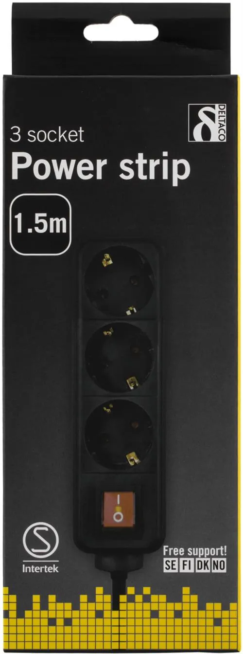 Deltaco GT-115A 3-osainen jatkojohto, 1,5m, Musta