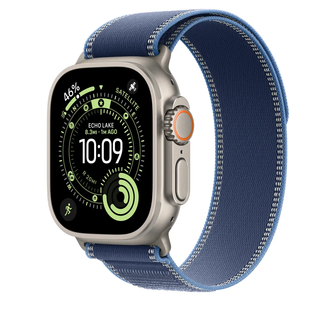 Apple Watch 49 mm -trail-ranneke, sininen/kirkkaansininen, S/M, Natural Titanium Finish