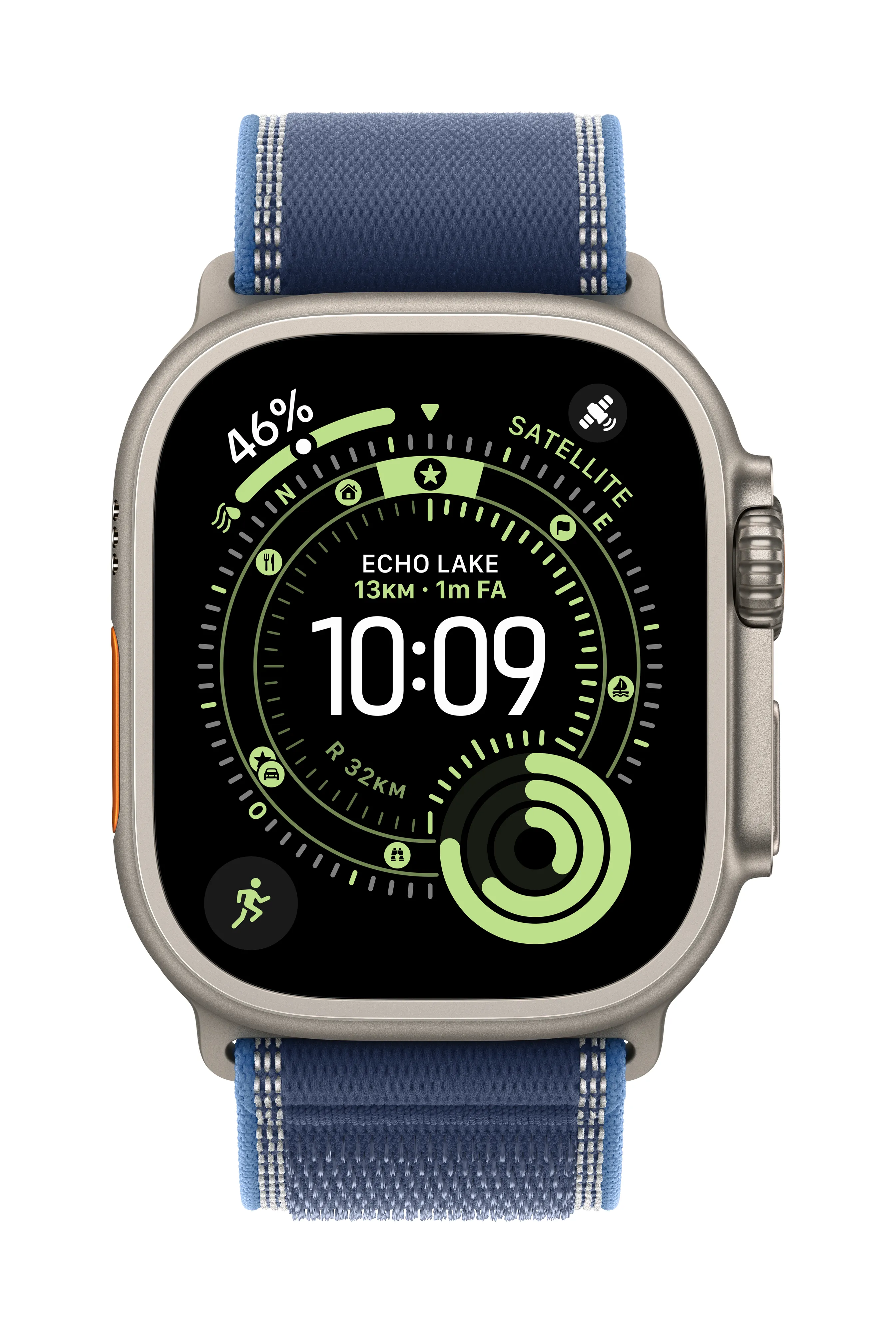 Apple Watch 49 mm Trail Loop, Blue/Bright Blue, S/M, Natural Titanium Finish