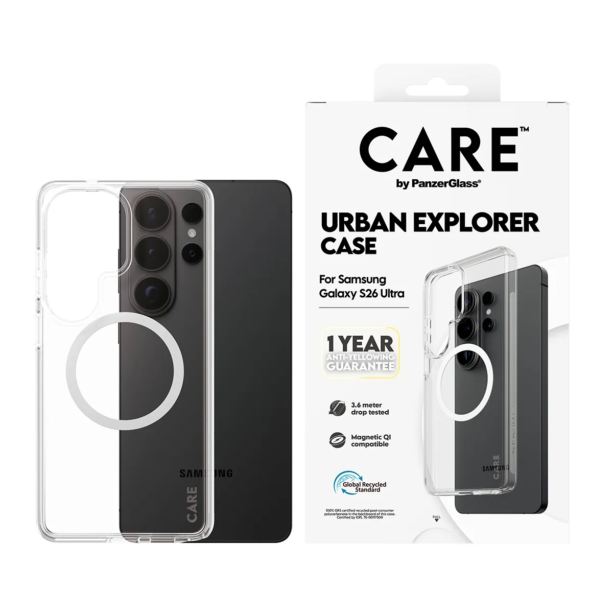 PanzerGlass CARE Urban Explorer Case for Galaxy S26 Ultra, Clear with White Qi