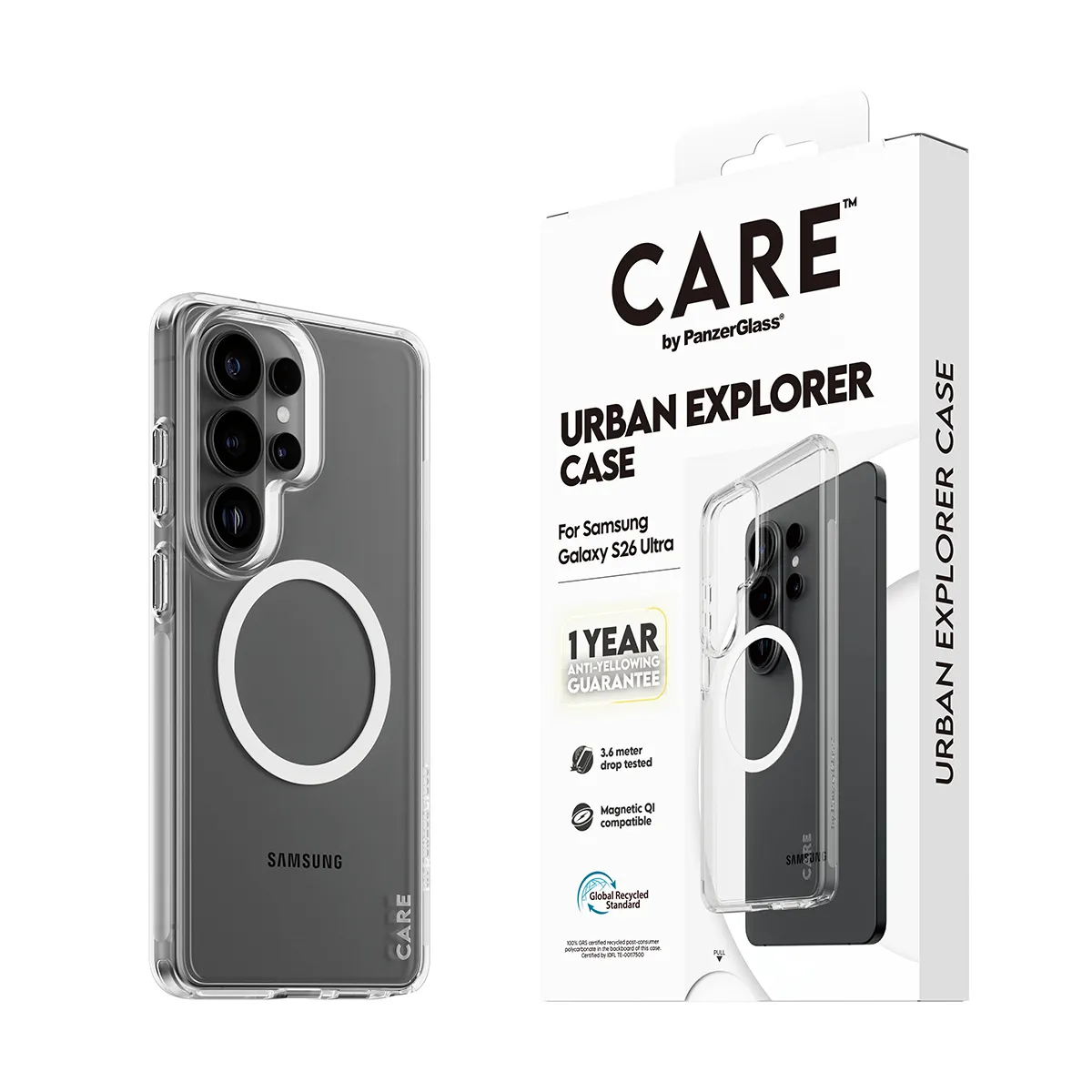 PanzerGlass CARE Urban Explorer Case for Galaxy S26 Ultra, Clear with White Qi