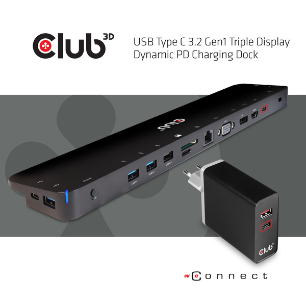 CLUB 3D USB Type C 3.2 Gen1 Triple Display Dynamic PD Charging Dock