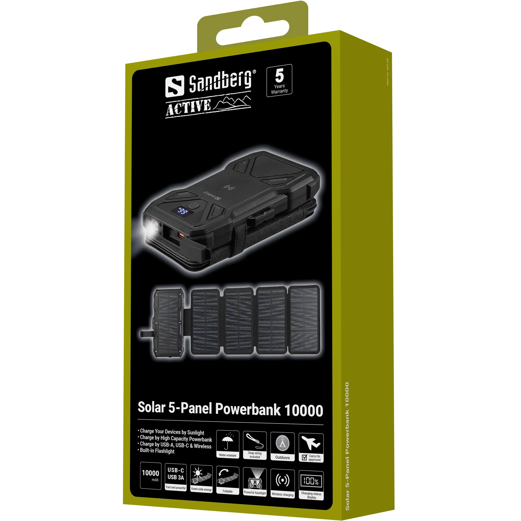 Sandberg 10000mAh Solar 5-Panel USB-C PD 20W USB-A - power bank, Black