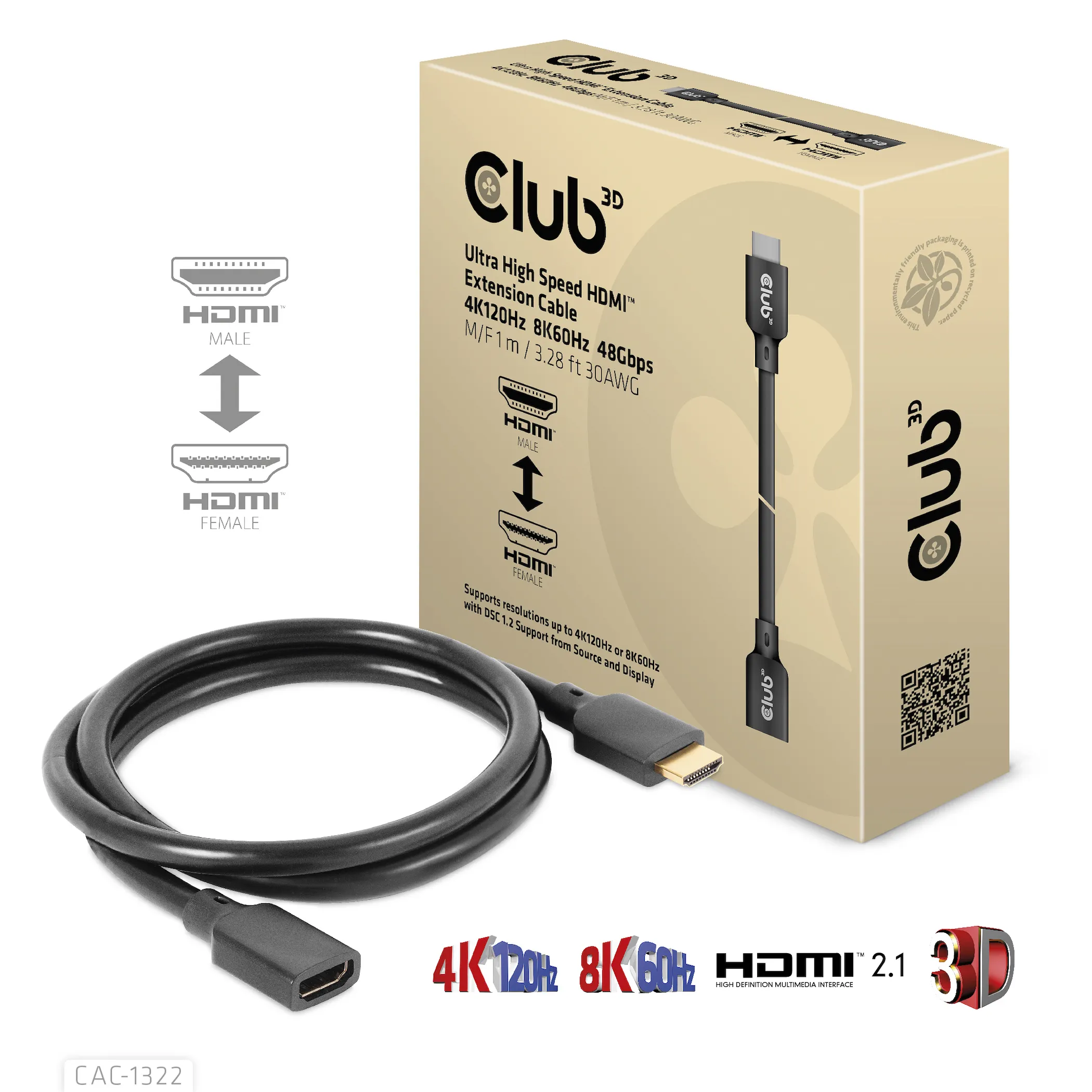 Club 3D 2.1 HDMI male-female - extension cable, Black, 1m
