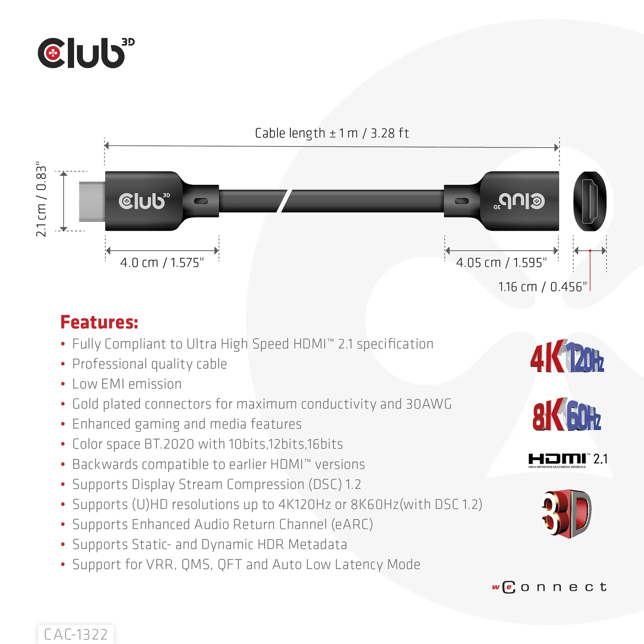 Club 3D 2.1 HDMI male-female - extension cable, Black, 1m