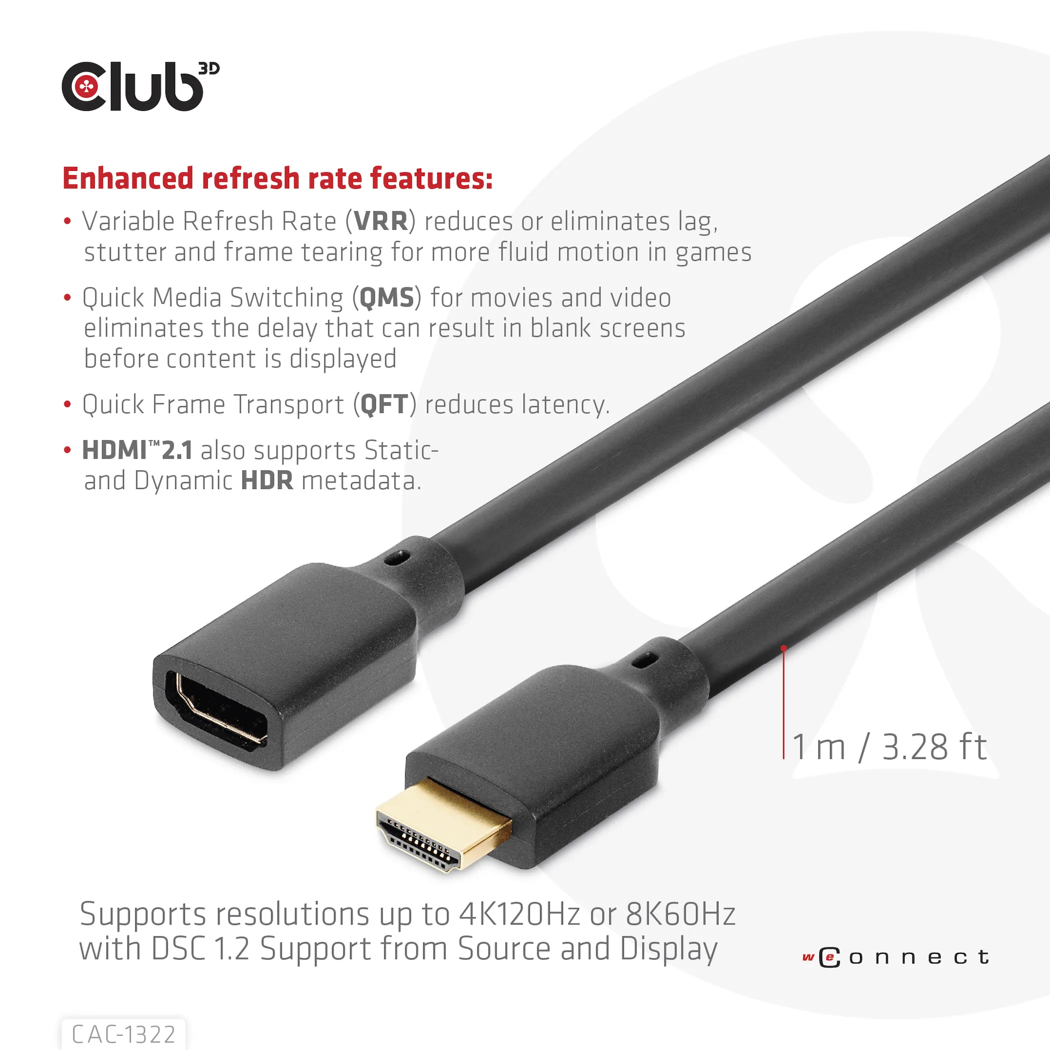 Club 3D 2.1 HDMI male-female - extension cable, Black, 1m