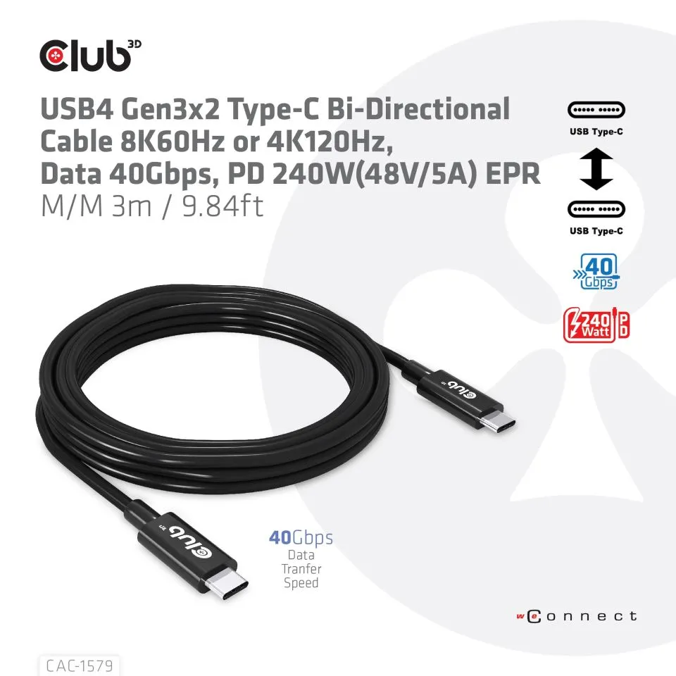 Club 3D USB-C - USB-C USB4 G2 8K60Hz 240W -kaapeli, Musta, 3m