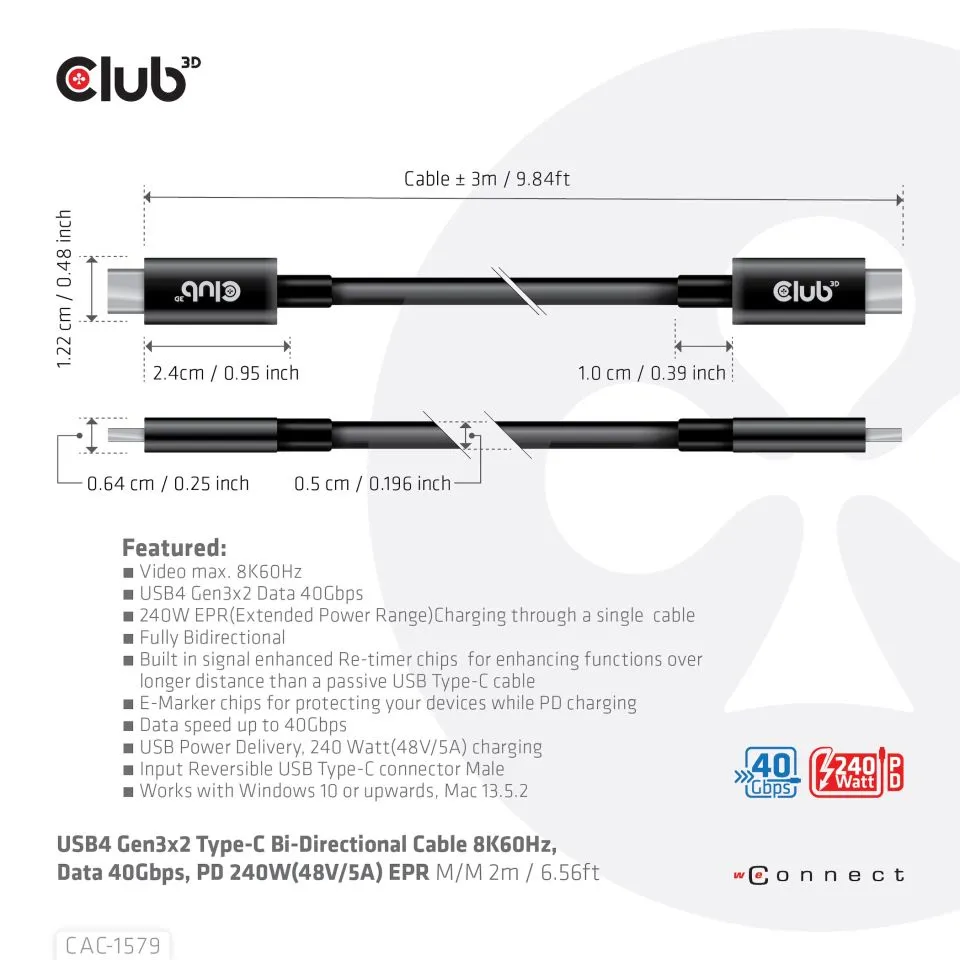 Club 3D USB-C - USB-C USB4 G2 8K60Hz 240W -kaapeli, Musta, 3m