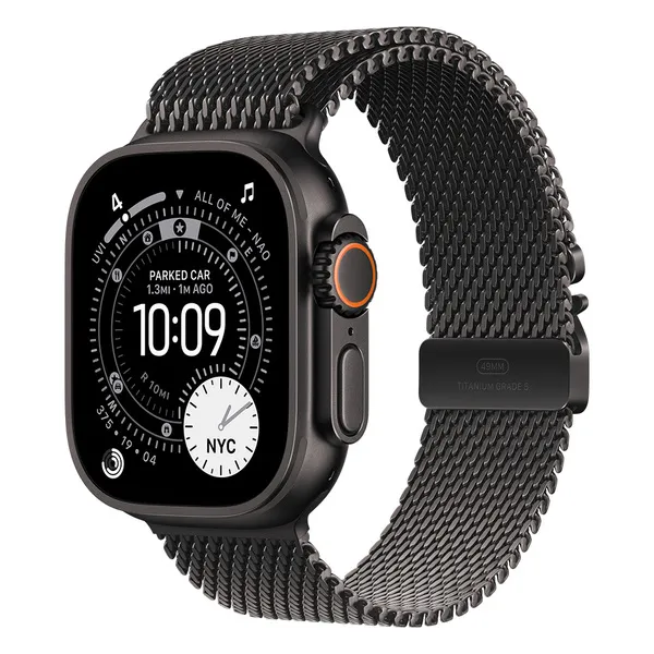 Apple Watch Ultra 3 49mm musta titaanikuori ja mustatitaaninen milanolaisranneke (keskikokoinen)