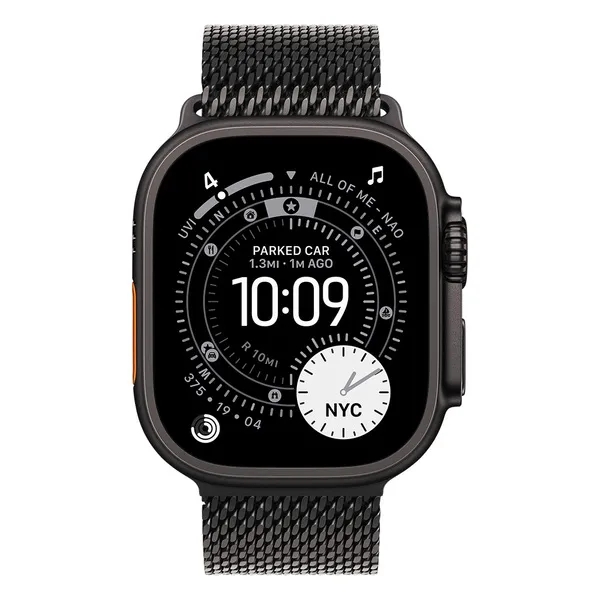 Apple Watch Ultra 3 49mm musta titaanikuori ja mustatitaaninen milanolaisranneke (keskikokoinen)