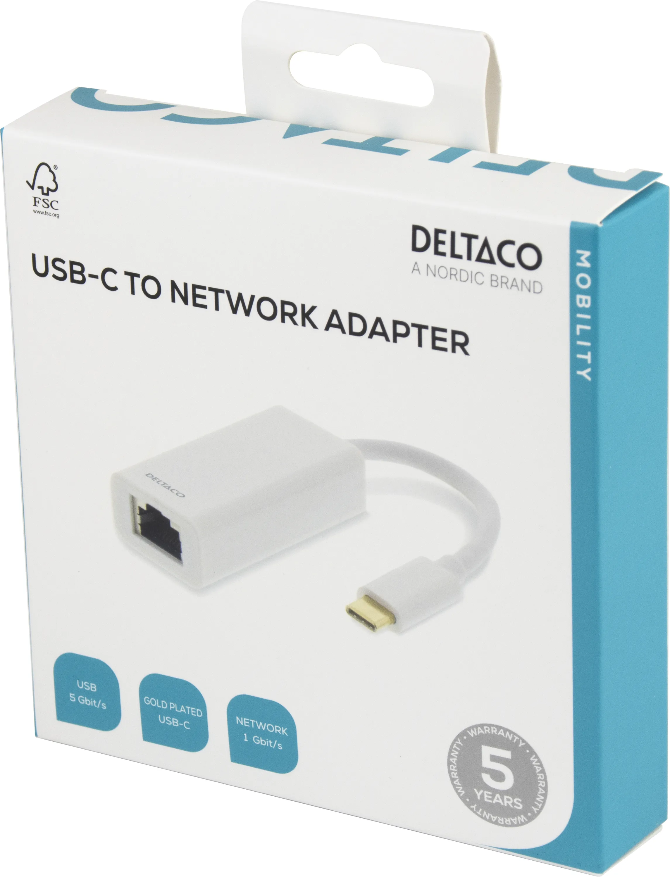 DELTACO USB 3.1 verkkoadapteri, Gigabit, 1xRJ45, USB Typ C uros, valk.