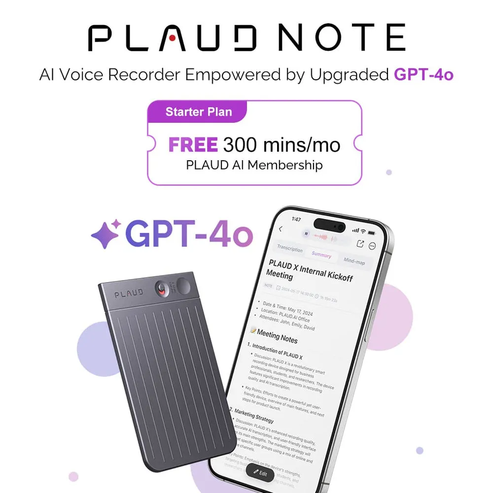 PLAUD NOTE Starlight AI-röstavläsare - Innovativ fickinspelare med AI-transkription på 112 språk och 30 timmars batteritid - Sil
