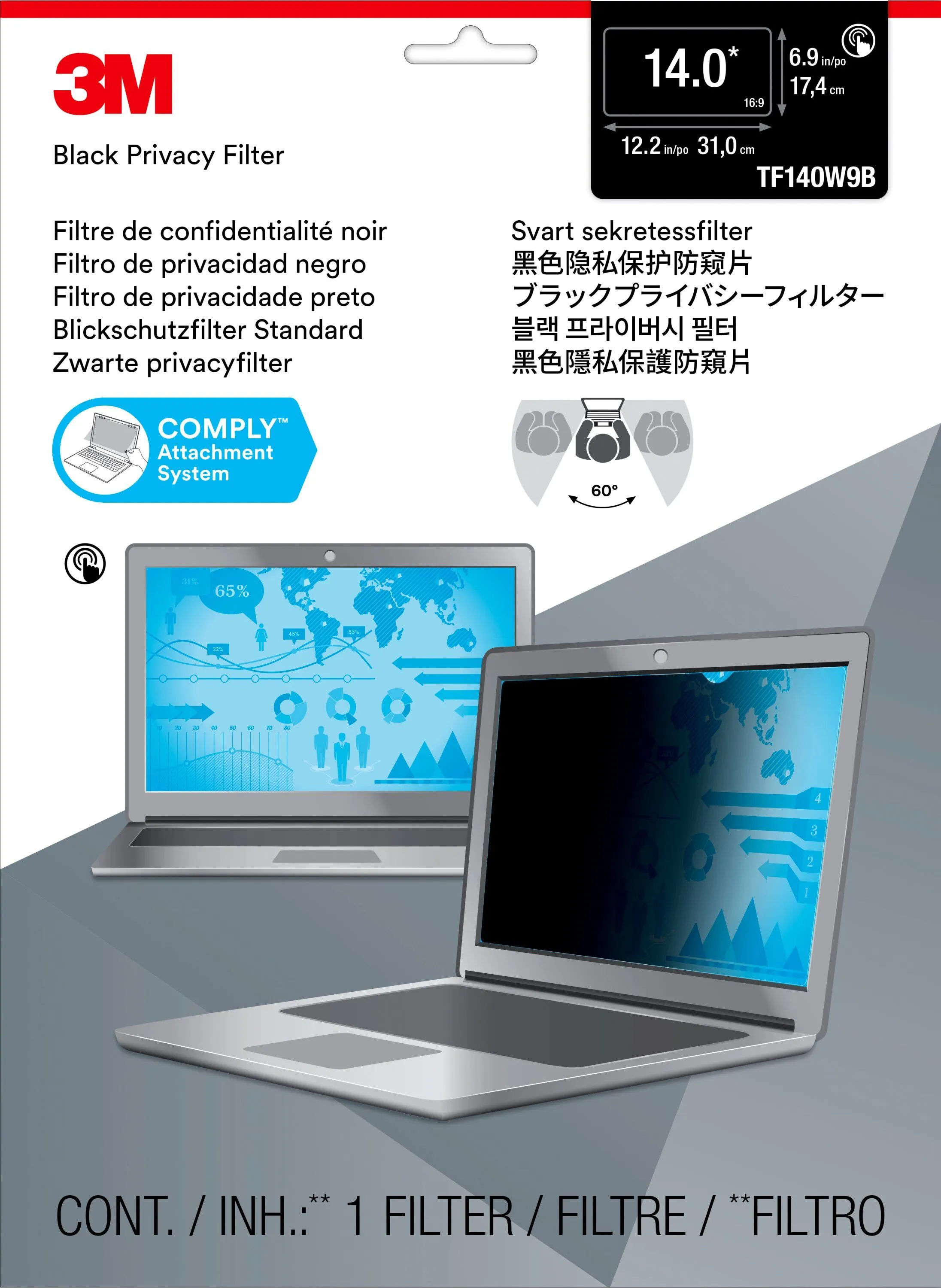 3M 14" Touchscreen -yleismallin tietoturvasuoja, 16:9