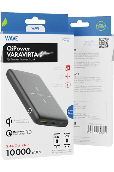 Wave QiPower lis&auml;virta, 10000mAh, Musta