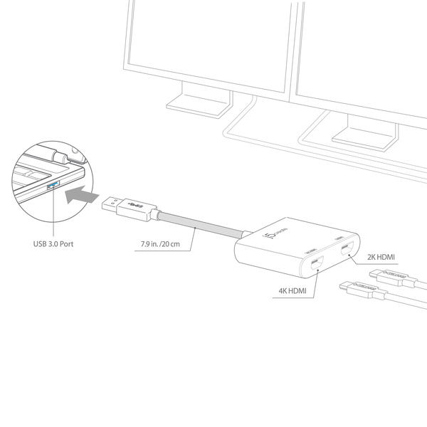 J5 Create USB 3.0 to Dual HDMI Multi-Monitor Adapter - adapter, Grey