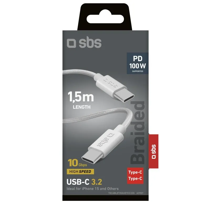 SBS USB 3.2 Gen 2 USB-C -kaapeli, 100 W, 1,5 m, harmaa
