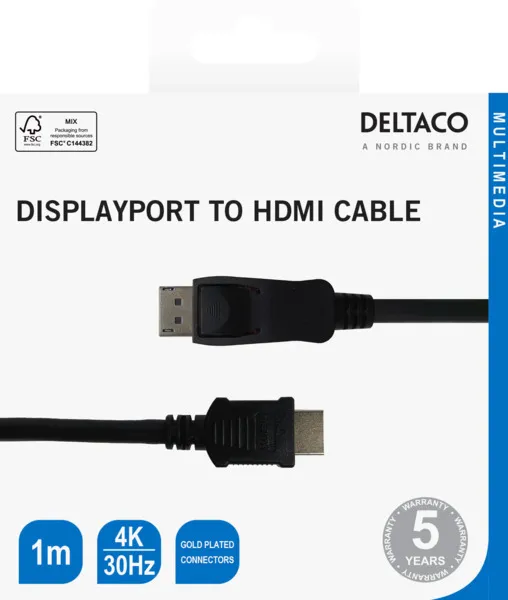Deltaco DisplayPort to HDMI cable, 4K UHD, 1m, black
