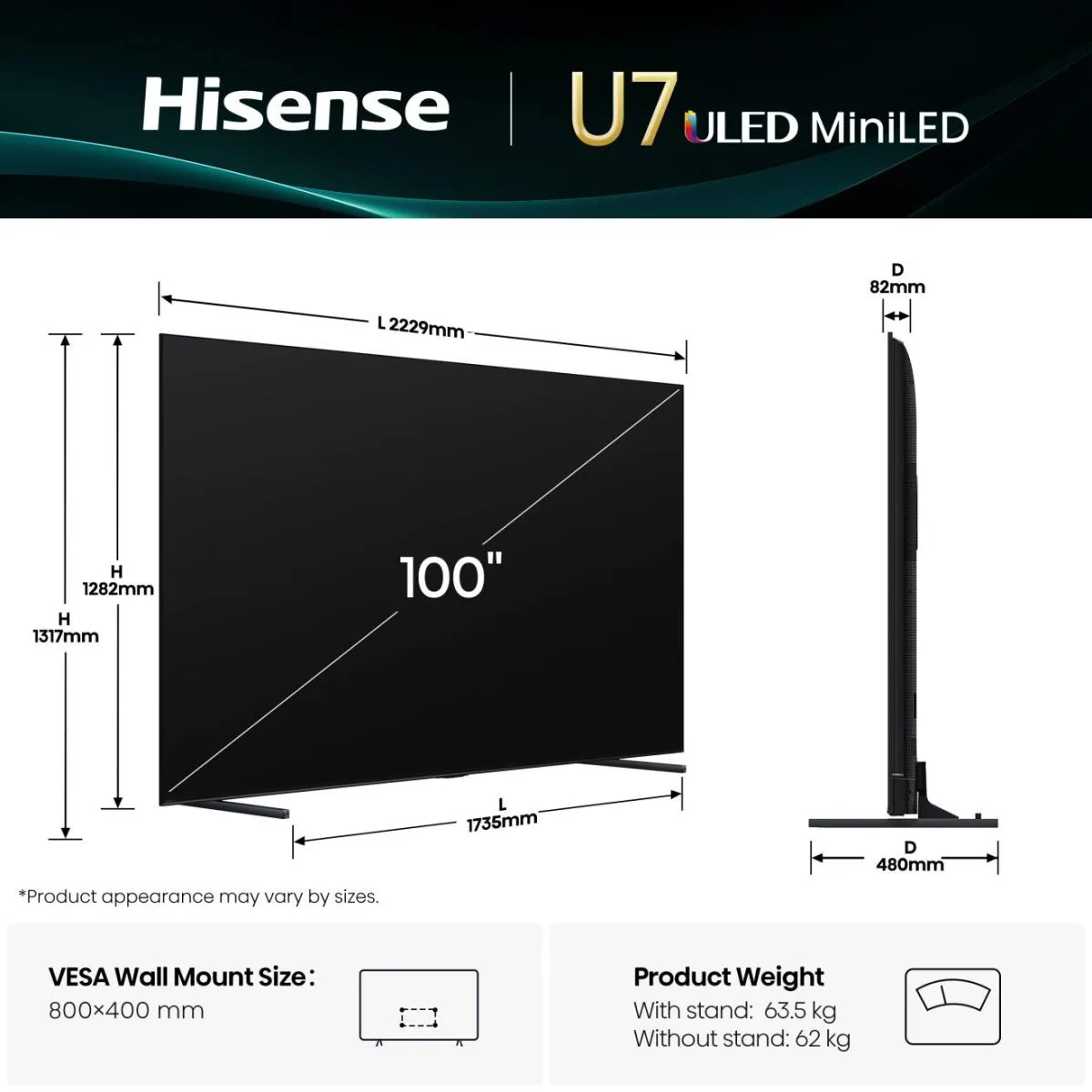 Hisense 100U7Q 100" 4K Mini LED VIDAA TV, 165Hz, HDR10+, Dolby Vision IQ