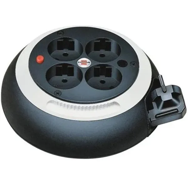 Brennenstuhl kabelrulle, 4 jordat uttag, 3m kabel, överbelastningsskydd, svart/vit