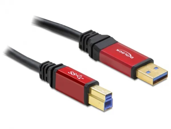 DeLOCK USB 3.0-kabel, typ A ha - typ B ha, premium, 2m, svart/r&ouml;d