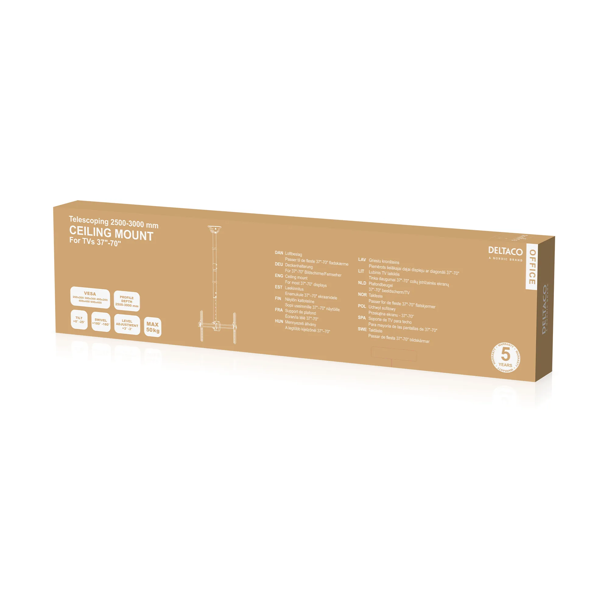 DELTACO Office Telescopic Single TV Ceiling,2500mm-3000mm,50kg,37"-70"
