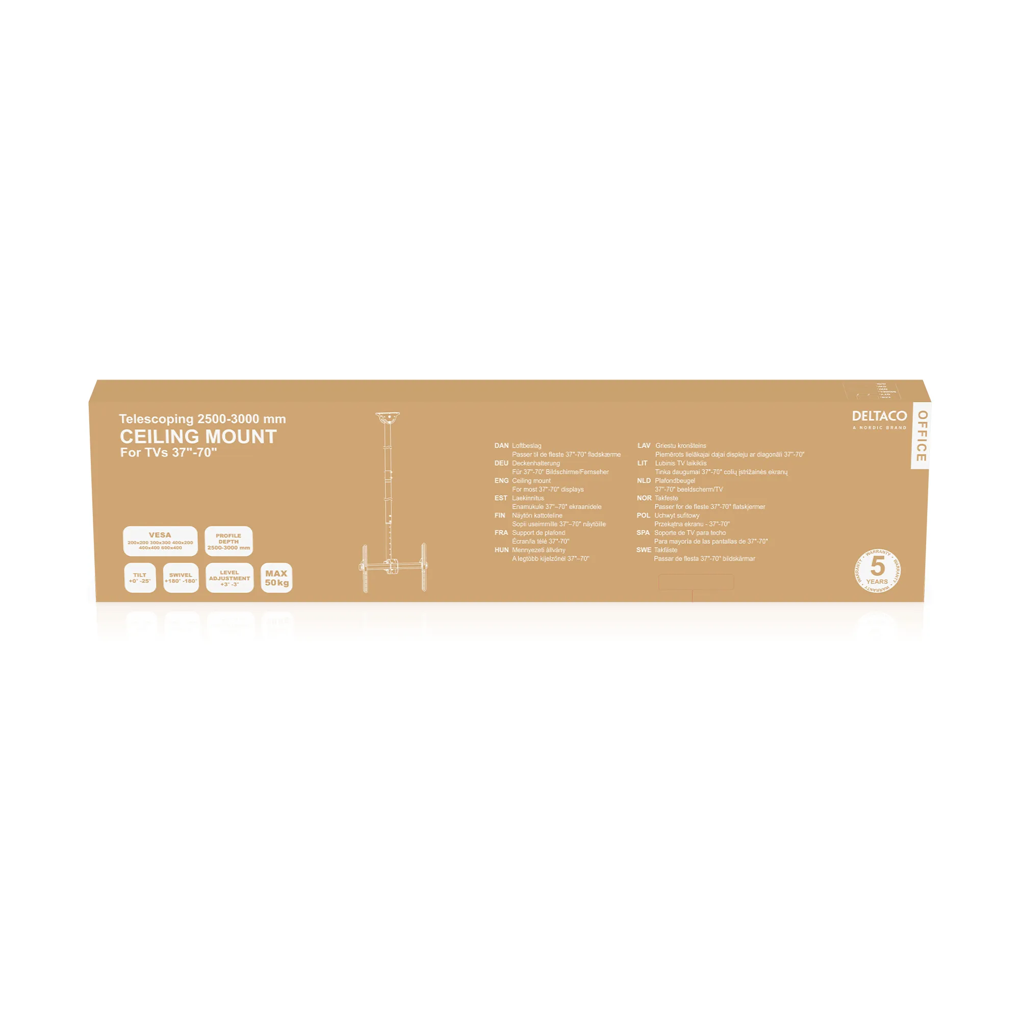 DELTACO Office Telescopic Single TV Ceiling,2500mm-3000mm,50kg,37"-70"
