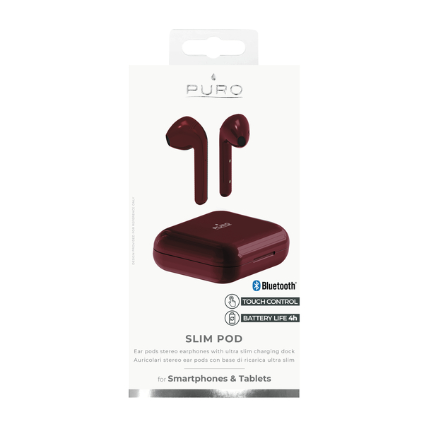 Puro Bluetooth Slim Pod -earbuds and charger, red