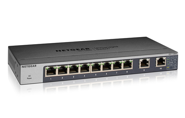 NETGEAR GS110MX - Kytkin - hallitsematon - 8 x 1000Base-T + 2 x 100/1000/2.5G/5G/10G (uplink) - ty&ouml;p&ouml;yt&auml;, r&auml;kkiin asennettava, sein&auml;&auml;n asennettava - tasavirta