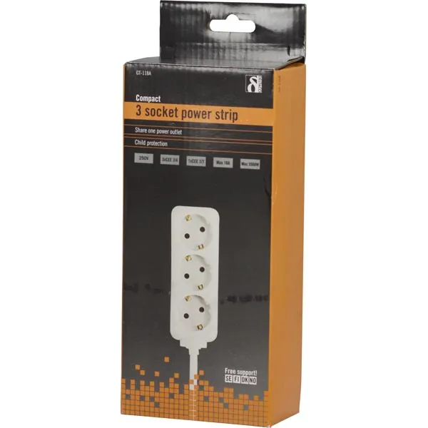 Deltaco GT-118A 3-osainen jatkojohto, 1,5 m, Valkoinen