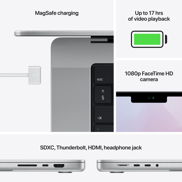 CTO Apple MacBook Pro 14&quot;, M1 Pro (8C CPU / 14C GPU), 16 Gt, 512 Gt, 67 W, macOS -kannettava, Hopea (ven&auml;j&auml;nkielinen) MKGR3