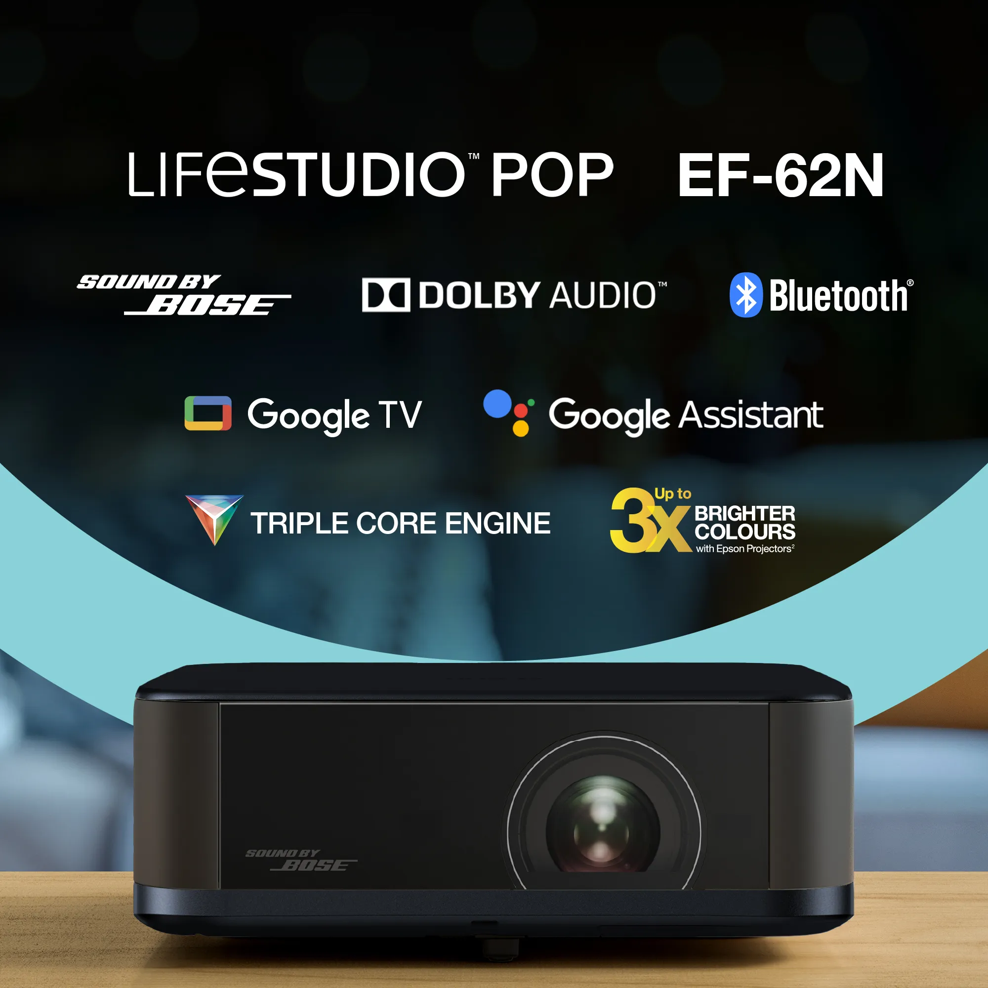 Epson Lifestudio POP EF-62N Google TV 3LCD 4K UHD 700 ANSI lm Portable LED Projector, Metallic Navy