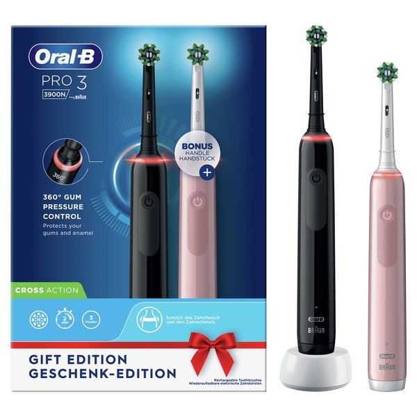 Oral-B PRO3 3900DUO - s&auml;hk&ouml;hammasharja, Musta, Ruusu