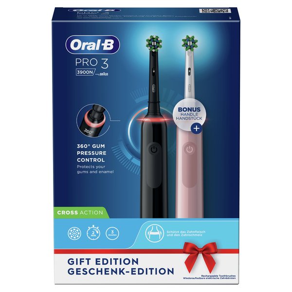Oral-B PRO3 3900DUO - s&auml;hk&ouml;hammasharja, Musta, Ruusu