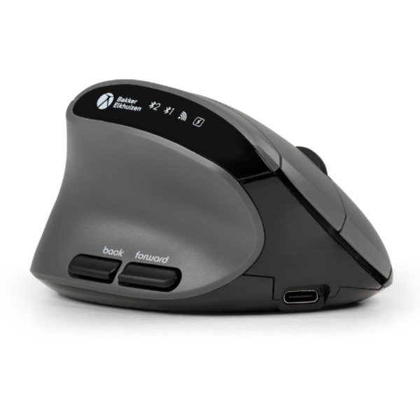 BakkerElkhuizen MidWay 3-Mode Vertical Left Wireless Ergonomic Mouse, Dark Grey, Black