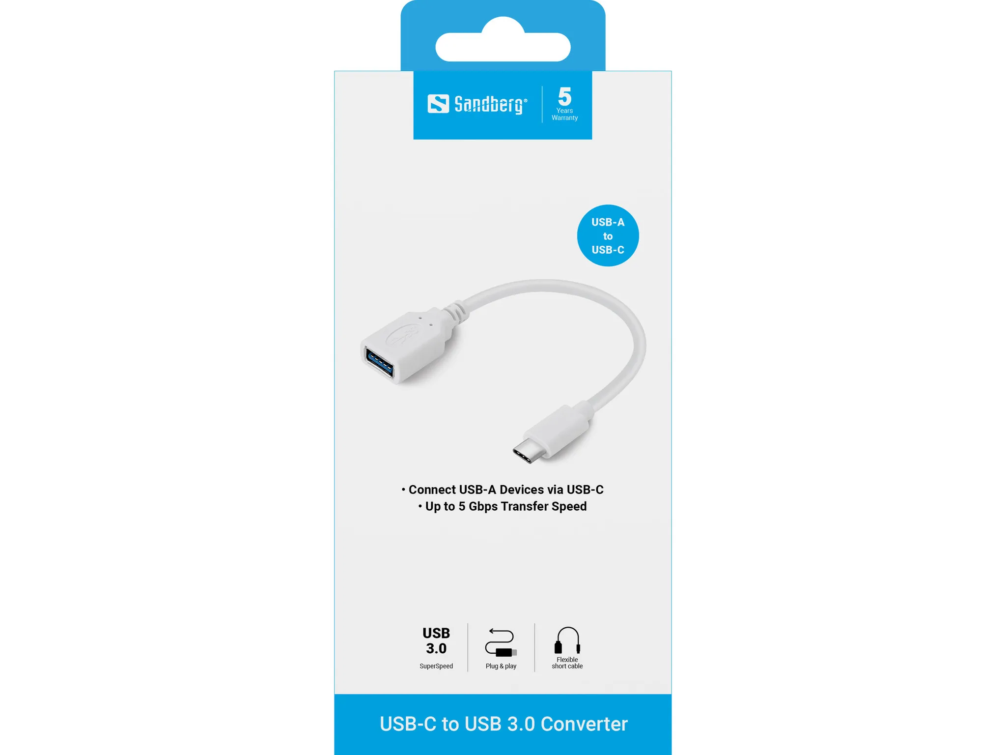 Sandberg (10 cm) USB-C &ndash; USB A -kaapeli, Valkoinen