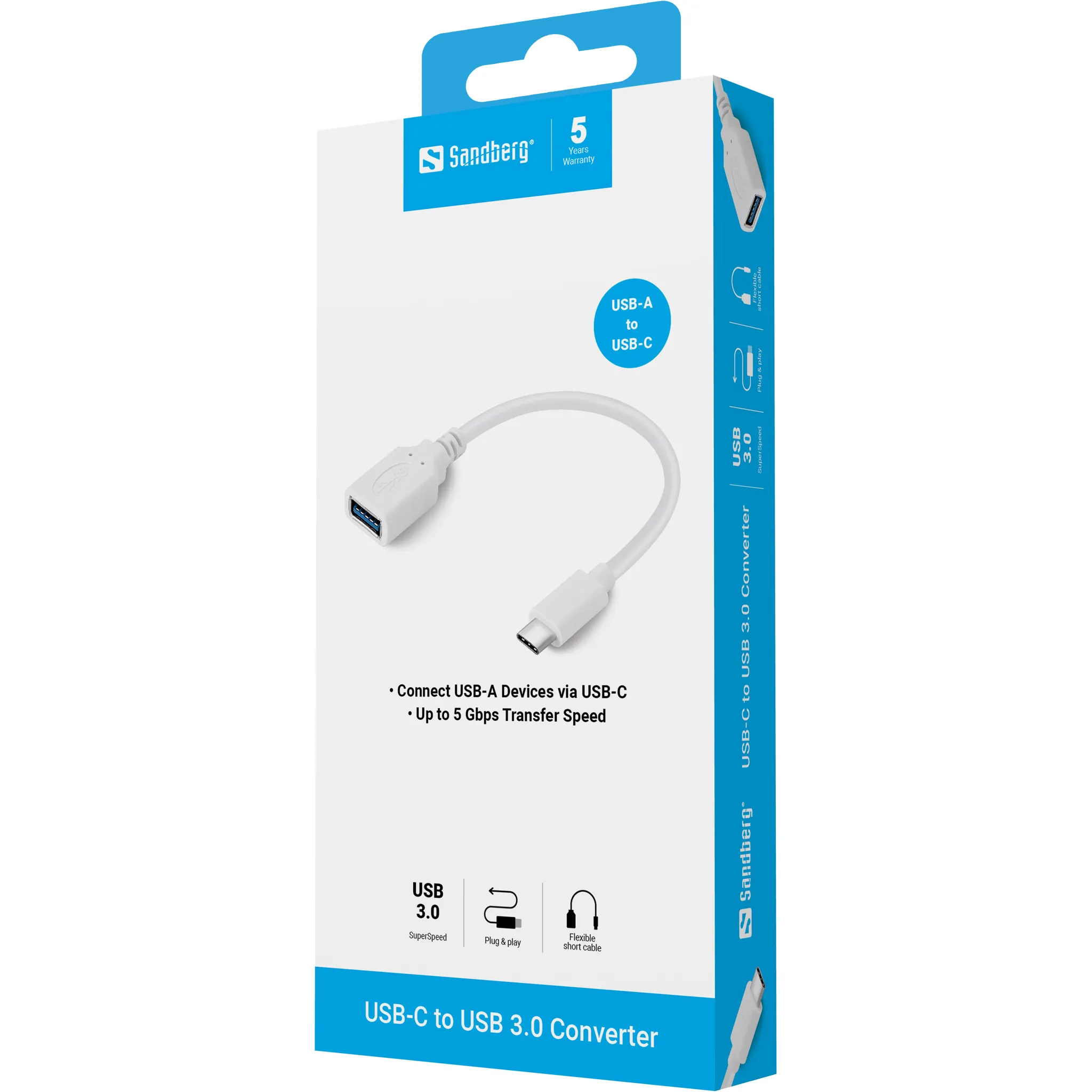 Sandberg (10 cm) USB-C &ndash; USB A -kaapeli, Valkoinen