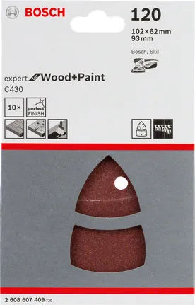 Bosch sanding sheet C430 Expert for Wood and Paint, 102 x 62 / 93mm, K120 (10 pieces, for multi-sander)