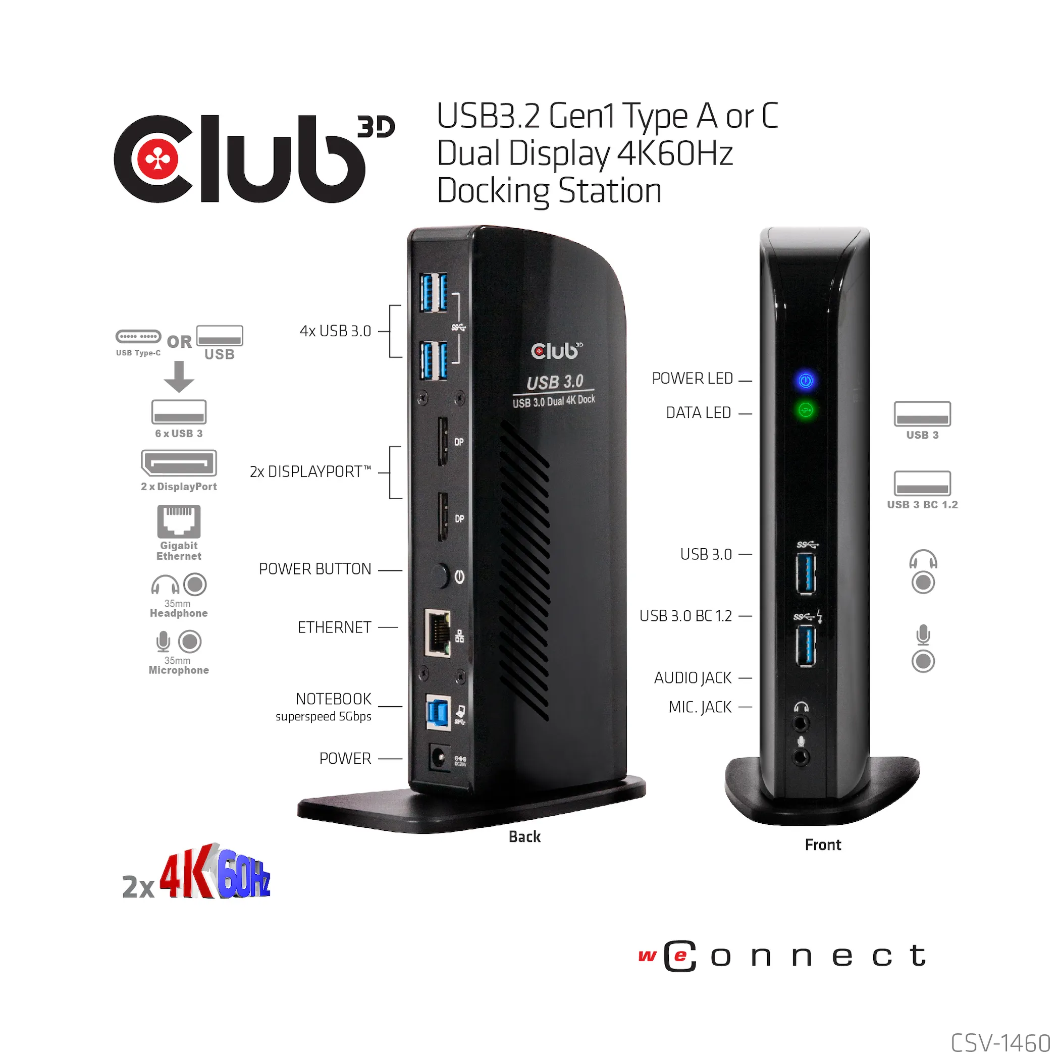 Club 3D SenseVision 3.2 Gen1 USB-A+C 11-in-1 - dock, Black